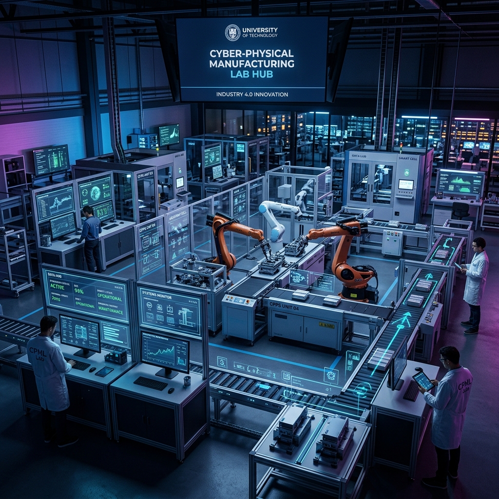 Cyber-Physical Manufacturing Lab – Industry 4.0 smart factory floor with robotic arms and digital HUDs