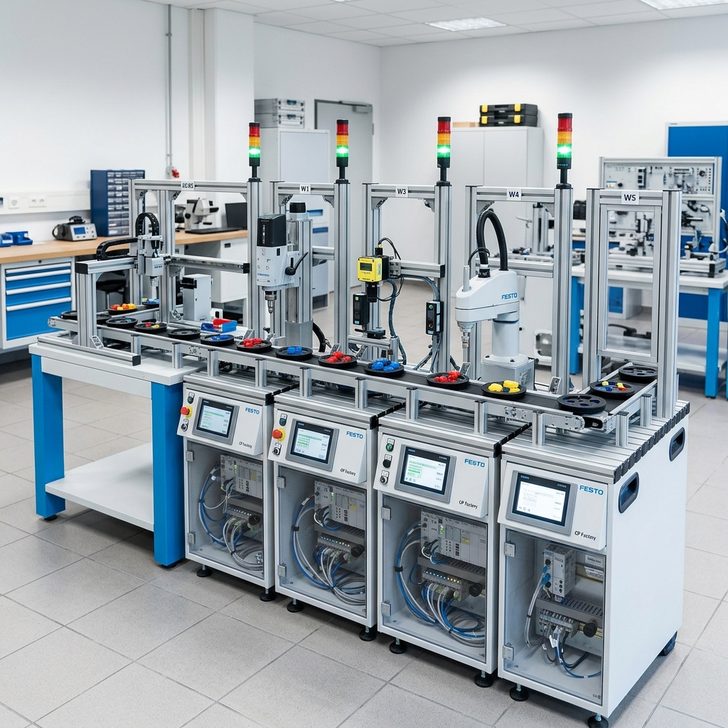 Festo CP Factory – modular cyber-physical manufacturing system with multiple linked workstations, conveyors, colored puck carriers, and PLC control panels