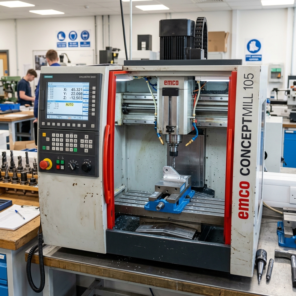 Emco Concept Mill 105 CNC milling machine with Siemens control panel in a university machine shop