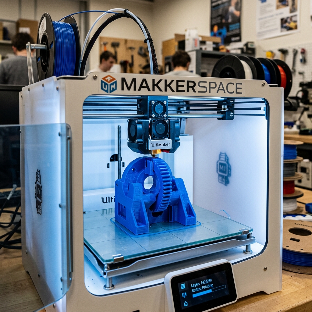 Stratasys F170 FDM 3D printer mid-print, producing a complex polymer part with visible layer lines and support structures inside the heated build chamber