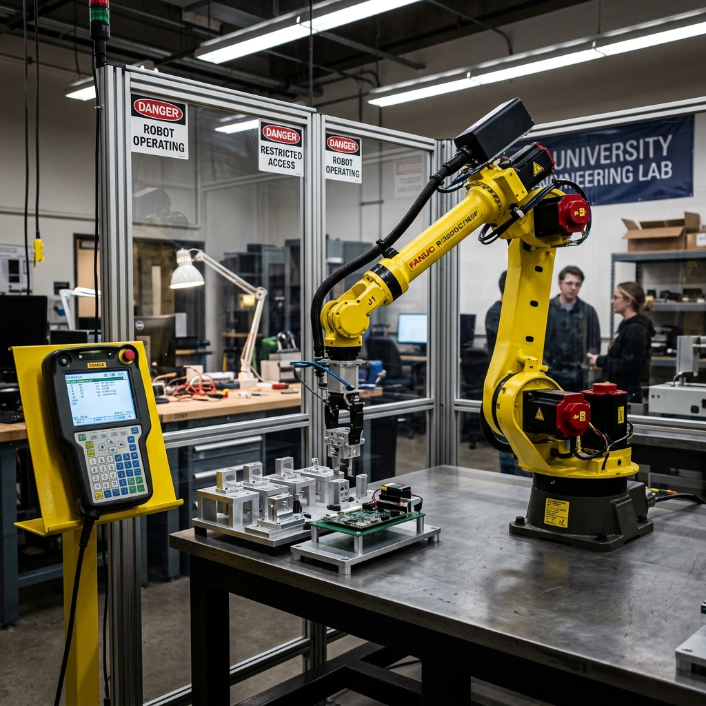 Universal Robots UR5e collaborative 6-axis robotic arm on a lab bench, holding a gripper tool and surrounded by a safety cell with yellow guarding panels