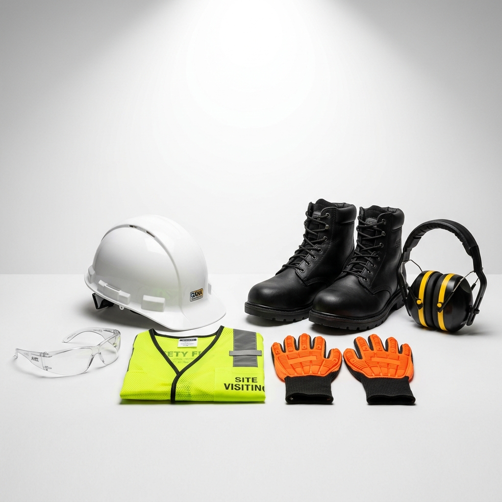 MIE Lab Safety – student in full PPE including safety glasses, gloves, and lab coat in a manufacturing environment